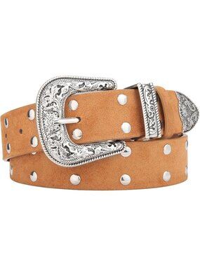 Women Suede-brown PU Leather Belt Western Cowboy Vintage Belt Engraved Rivet